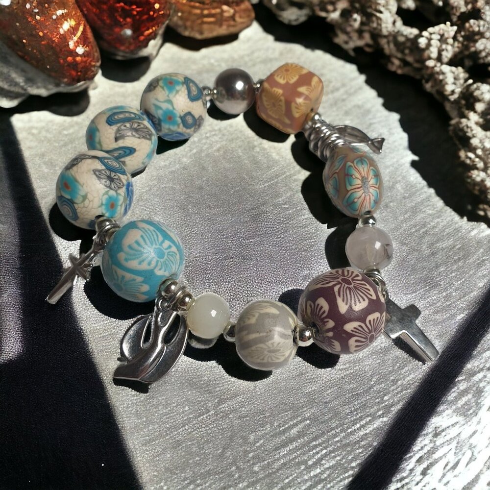 Handmade Bead Peace Cross Dove Stretch Bracelet 7" Fashion Costume Blue Silver